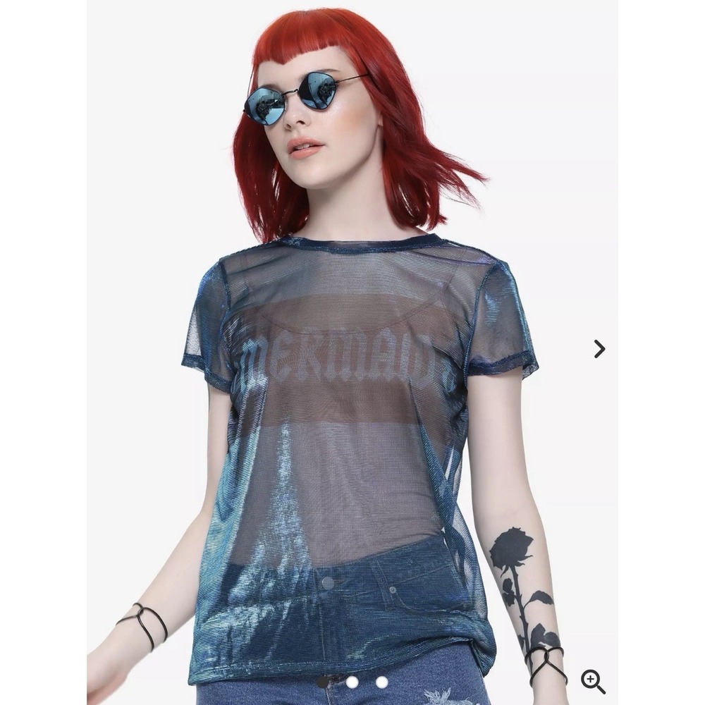 Disney The Little Mermaid Ariel Blue Iridescent Mesh Sheer T-Shirt Metallic M‎